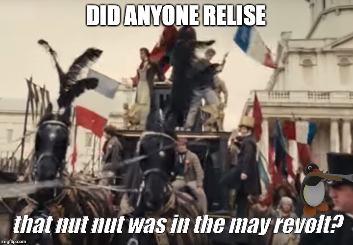 DID ANYONE RELISE; that nut nut was in the may revolt? | image tagged in les miserables,funny,funny meme | made w/ Imgflip meme maker