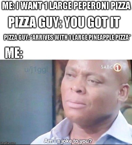am I a joke to you | PIZZA GUY: YOU GOT IT; ME: I WANT 1 LARGE PEPERONI PIZZA; PIZZA GUY: *ARRIVES WITH 1 LARGE PINEAPPLE PIZZA*; ME: | image tagged in am i a joke to you | made w/ Imgflip meme maker
