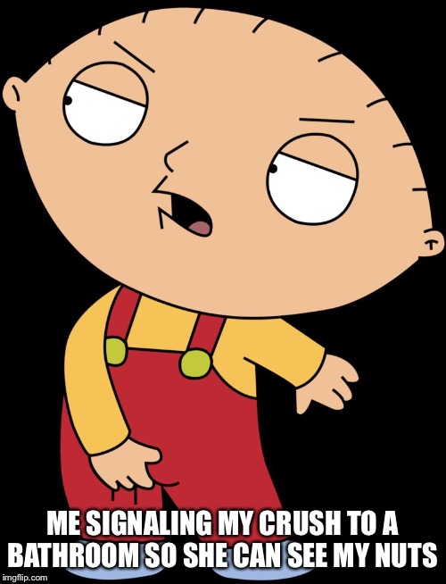 Stewie Griffin Crotch Grab | ME SIGNALING MY CRUSH TO A BATHROOM SO SHE CAN SEE MY NUTS | image tagged in stewie griffin crotch grab | made w/ Imgflip meme maker