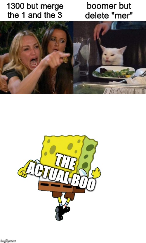 boomer but delete "mer"; 1300 but merge the 1 and the 3; THE ACTUAL BOO | image tagged in memes,woman yelling at cat | made w/ Imgflip meme maker