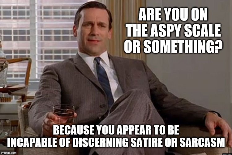 madmen | ARE YOU ON THE ASPY SCALE OR SOMETHING? BECAUSE YOU APPEAR TO BE INCAPABLE OF DISCERNING SATIRE OR SARCASM | image tagged in madmen | made w/ Imgflip meme maker