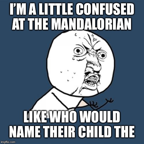 seriously | I’M A LITTLE CONFUSED AT THE MANDALORIAN; LIKE WHO WOULD NAME THEIR CHILD THE | image tagged in memes,y u no | made w/ Imgflip meme maker