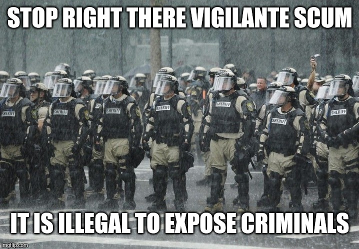 Riot Police Rain Storm | STOP RIGHT THERE VIGILANTE SCUM IT IS ILLEGAL TO EXPOSE CRIMINALS | image tagged in riot police rain storm | made w/ Imgflip meme maker