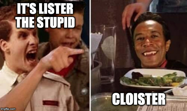 Rimmer vs Cat | IT'S LISTER THE STUPID; CLOISTER | image tagged in reddwarf,lister,smeghead | made w/ Imgflip meme maker