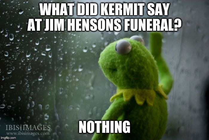 kermit window | WHAT DID KERMIT SAY AT JIM HENSONS FUNERAL? NOTHING | image tagged in kermit window | made w/ Imgflip meme maker