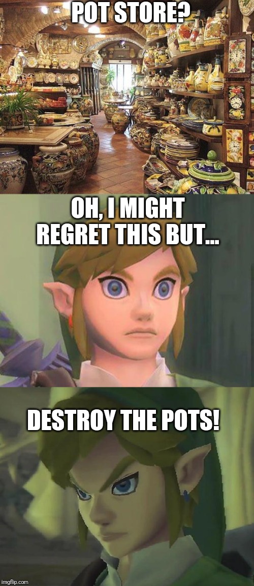 POT STORE? OH, I MIGHT REGRET THIS BUT... DESTROY THE POTS! | image tagged in angry link,zelda | made w/ Imgflip meme maker