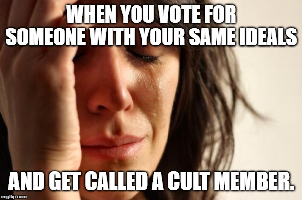 First World Problems Meme | WHEN YOU VOTE FOR SOMEONE WITH YOUR SAME IDEALS AND GET CALLED A CULT MEMBER. | image tagged in memes,first world problems | made w/ Imgflip meme maker