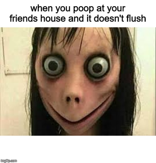 Momo | when you poop at your friends house and it doesn't flush | image tagged in momo | made w/ Imgflip meme maker