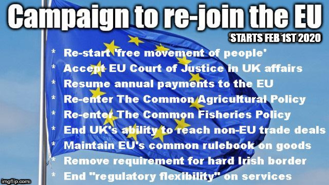 Campaign to re-join the EU | STARTS FEB 1ST 2020 | image tagged in eu,gina miller,brexit election 2019,remainer remoaner,lib dem snp labour,leave brexiteers | made w/ Imgflip meme maker