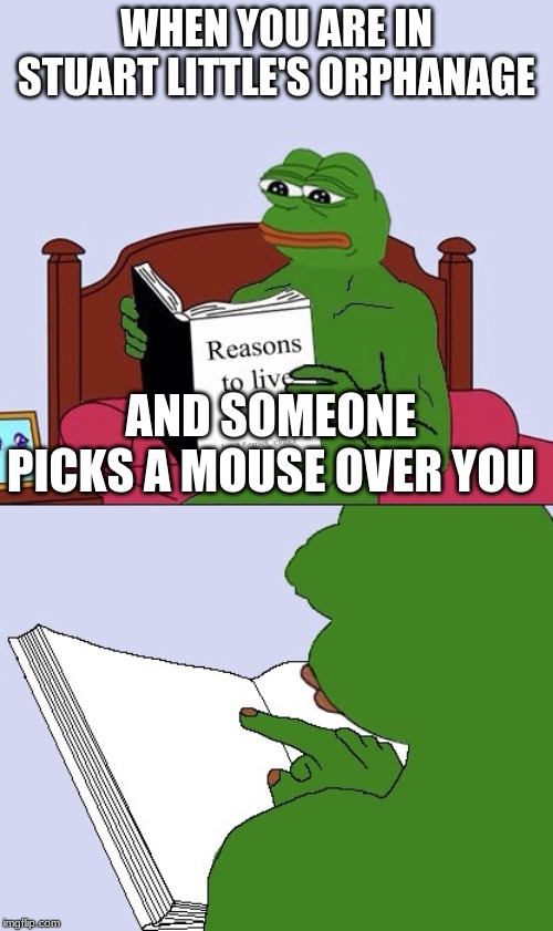 Blank Pepe Reasons to Live | WHEN YOU ARE IN STUART LITTLE'S ORPHANAGE; AND SOMEONE PICKS A MOUSE OVER YOU | image tagged in blank pepe reasons to live | made w/ Imgflip meme maker
