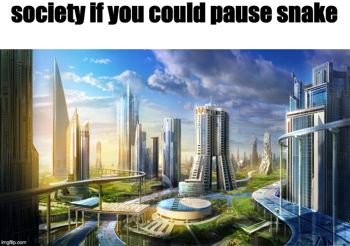 Futuristic city | society if you could pause snake | image tagged in futuristic city,memes,snake,google,future,society | made w/ Imgflip meme maker