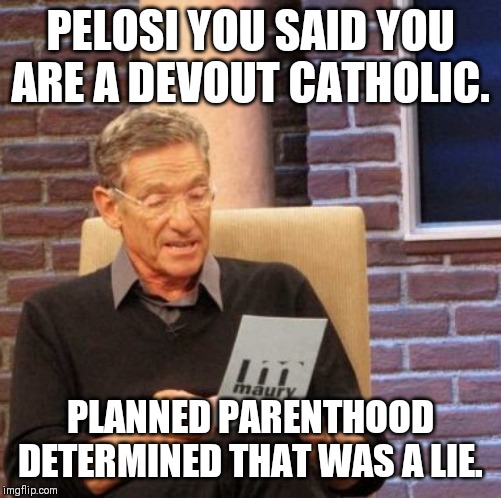 Maury Lie Detector | PELOSI YOU SAID YOU ARE A DEVOUT CATHOLIC. PLANNED PARENTHOOD DETERMINED THAT WAS A LIE. | image tagged in memes,maury lie detector | made w/ Imgflip meme maker