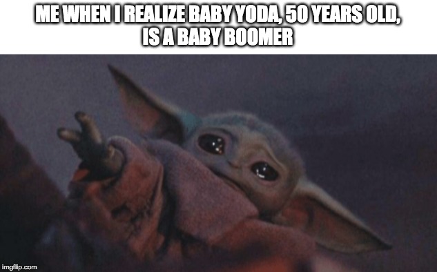Baby yoda cry | ME WHEN I REALIZE BABY YODA, 50 YEARS OLD,
IS A BABY BOOMER | image tagged in baby yoda cry | made w/ Imgflip meme maker