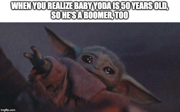 Baby yoda cry | WHEN YOU REALIZE BABY YODA IS 50 YEARS OLD,
SO HE'S A BOOMER, TOO | image tagged in baby yoda cry | made w/ Imgflip meme maker