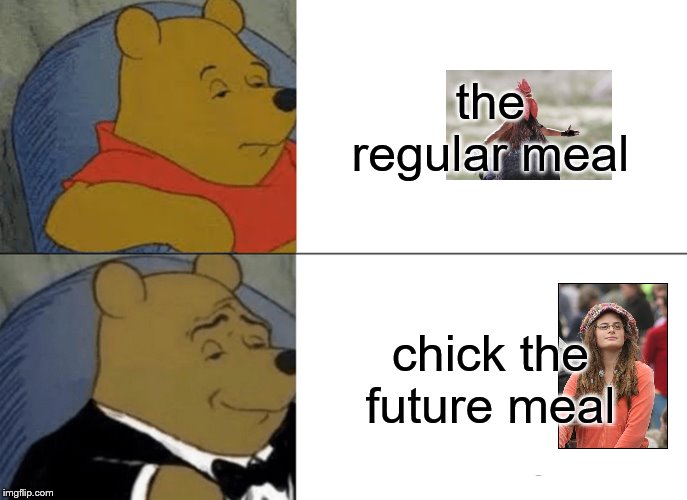 Tuxedo Winnie The Pooh | the regular meal; chick the future meal | image tagged in memes,tuxedo winnie the pooh | made w/ Imgflip meme maker