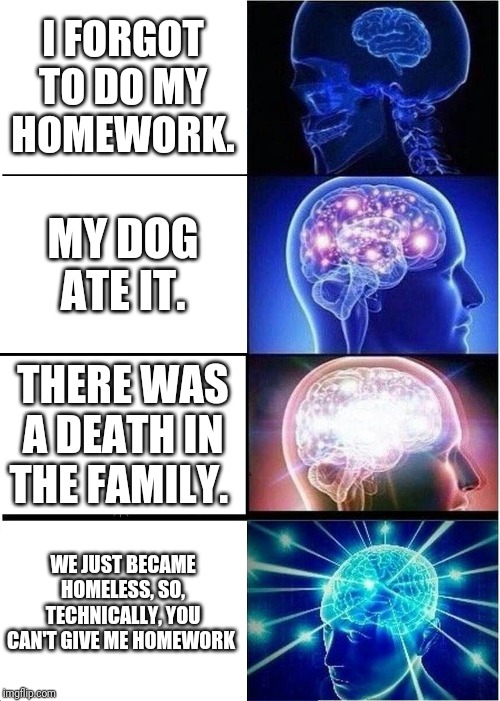 Expanding Brain Meme | I FORGOT TO DO MY HOMEWORK. MY DOG ATE IT. THERE WAS A DEATH IN THE FAMILY. WE JUST BECAME HOMELESS, SO, TECHNICALLY, YOU CAN'T GIVE ME HOME | image tagged in memes,expanding brain | made w/ Imgflip meme maker