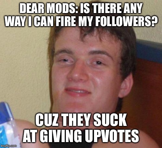 stoned guy | DEAR MODS: IS THERE ANY WAY I CAN FIRE MY FOLLOWERS? CUZ THEY SUCK AT GIVING UPVOTES | image tagged in 10 guy,memes,imgflip users,imgflip mods,true story bro,meanwhile on imgflip | made w/ Imgflip meme maker