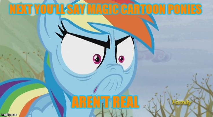 NEXT YOU'LL SAY MAGIC CARTOON PONIES AREN'T REAL | made w/ Imgflip meme maker