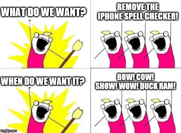 What Do We Want Meme | WHAT DO WE WANT? REMOVE THE IPHONE SPELL CHECKER! WHEN DO WE WANT IT? BOW! COW! SHOW! WOW! DUCK RAM! | image tagged in memes,what do we want | made w/ Imgflip meme maker