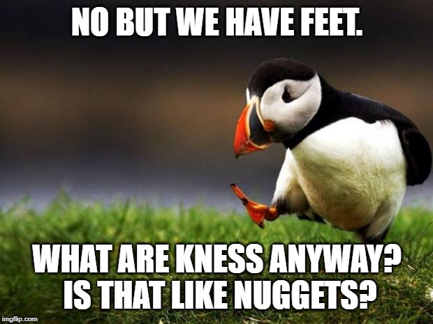 Unpopular Opinion Puffin Meme | NO BUT WE HAVE FEET. WHAT ARE KNESS ANYWAY?  IS THAT LIKE NUGGETS? | image tagged in memes,unpopular opinion puffin | made w/ Imgflip meme maker