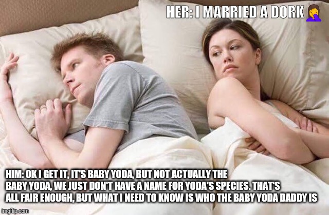 couple thinking bed | HER: I MARRIED A DORK🤦‍♀️; HIM: OK I GET IT, IT'S BABY YODA, BUT NOT ACTUALLY THE BABY YODA, WE JUST DON'T HAVE A NAME FOR YODA'S SPECIES. THAT'S ALL FAIR ENOUGH, BUT WHAT I NEED TO KNOW IS WHO THE BABY YODA DADDY IS | image tagged in couple thinking bed | made w/ Imgflip meme maker