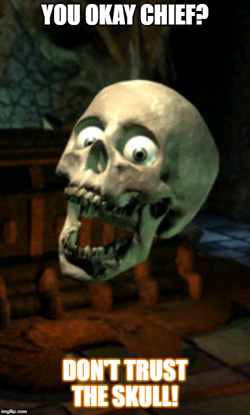 torment | YOU OKAY CHIEF? DON'T TRUST THE SKULL! | image tagged in torment | made w/ Imgflip meme maker