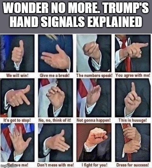 trumps hand signals | WONDER NO MORE. TRUMP'S HAND SIGNALS EXPLAINED | image tagged in trump,hand signals,trump signs for effect | made w/ Imgflip meme maker