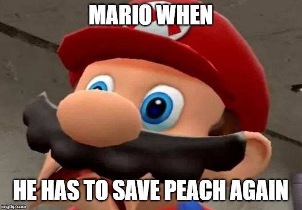 Mario WTF | MARIO WHEN; HE HAS TO SAVE PEACH AGAIN | image tagged in mario wtf | made w/ Imgflip meme maker