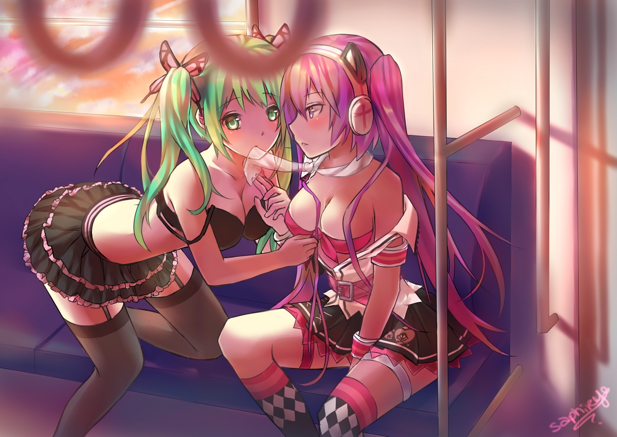 High Quality Miku undressing Luka while riding home on train Blank Meme Template