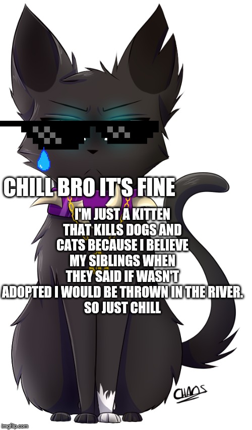 Scourge | I'M JUST A KITTEN THAT KILLS DOGS AND CATS BECAUSE I BELIEVE MY SIBLINGS WHEN THEY SAID IF WASN'T ADOPTED I WOULD BE THROWN IN THE RIVER.
SO JUST CHILL; CHILL BRO IT'S FINE | image tagged in warrior cats | made w/ Imgflip meme maker