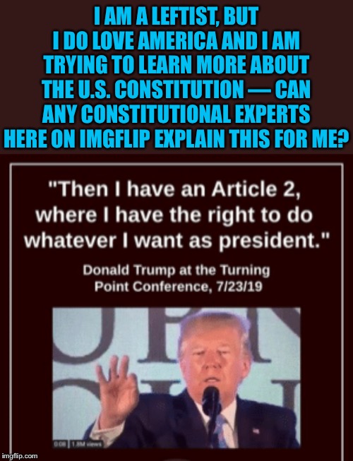 Question for politics stream. | I AM A LEFTIST, BUT I DO LOVE AMERICA AND I AM TRYING TO LEARN MORE ABOUT THE U.S. CONSTITUTION — CAN ANY CONSTITUTIONAL EXPERTS HERE ON IMGFLIP EXPLAIN THIS FOR ME? | image tagged in trump at turning point conference,us constitution,the constitution,donald trump,constitution,trump | made w/ Imgflip meme maker