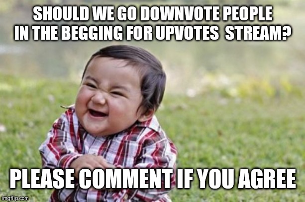 Evil Toddler | SHOULD WE GO DOWNVOTE PEOPLE IN THE BEGGING FOR UPVOTES  STREAM? PLEASE COMMENT IF YOU AGREE | image tagged in memes,evil toddler | made w/ Imgflip meme maker