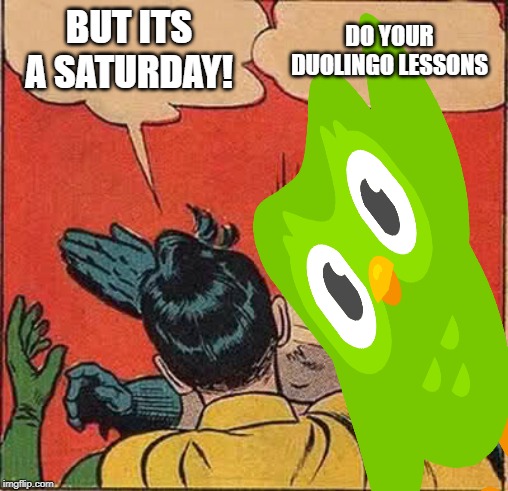 BUT ITS A SATURDAY! DO YOUR DUOLINGO LESSONS | made w/ Imgflip meme maker