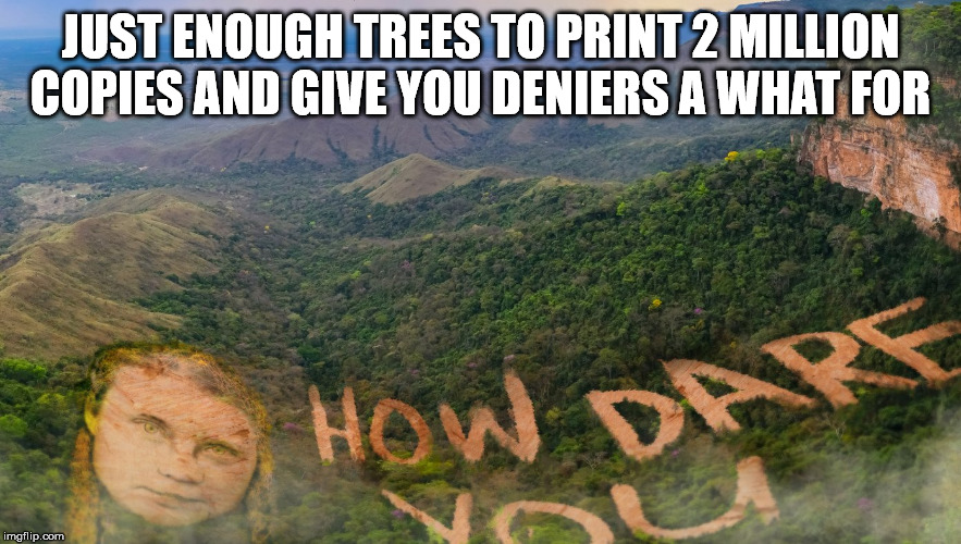 Ironic Art | JUST ENOUGH TREES TO PRINT 2 MILLION COPIES AND GIVE YOU DENIERS A WHAT FOR | image tagged in greta thunberg,greta thunberg how dare you | made w/ Imgflip meme maker