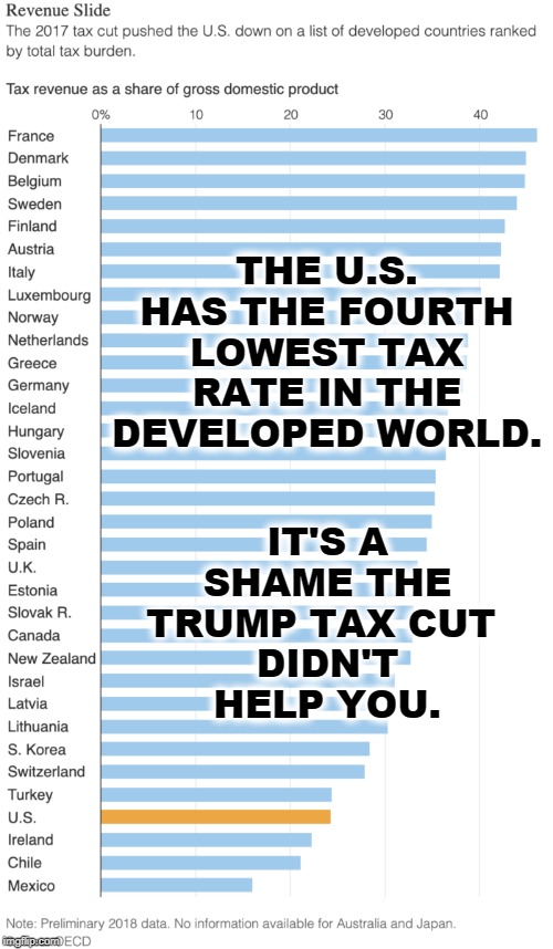 What are you complaining about? | IT'S A SHAME THE TRUMP TAX CUT 
DIDN'T HELP YOU. THE U.S. HAS THE FOURTH LOWEST TAX RATE IN THE DEVELOPED WORLD. | image tagged in united states,taxes | made w/ Imgflip meme maker