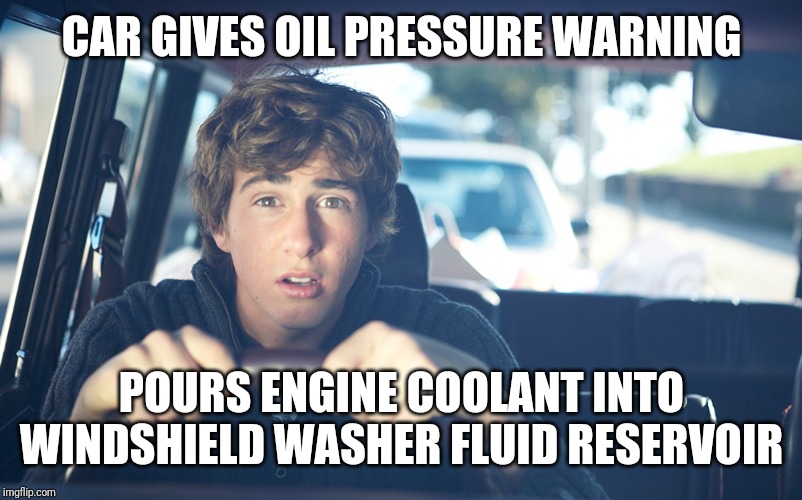 Perpetually Confused Driver | CAR GIVES OIL PRESSURE WARNING; POURS ENGINE COOLANT INTO WINDSHIELD WASHER FLUID RESERVOIR | image tagged in perpetually confused driver | made w/ Imgflip meme maker