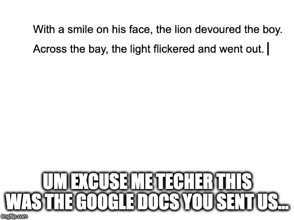 Blank White Template | UM EXCUSE ME TECHER THIS WAS THE GOOGLE DOCS YOU SENT US... | image tagged in blank white template | made w/ Imgflip meme maker