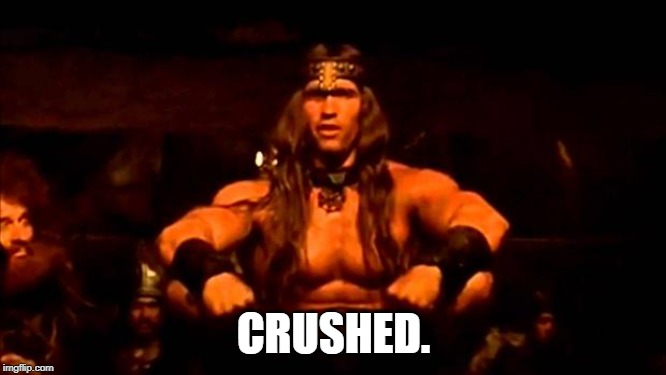 conan crush your enemies | CRUSHED. | image tagged in conan crush your enemies | made w/ Imgflip meme maker
