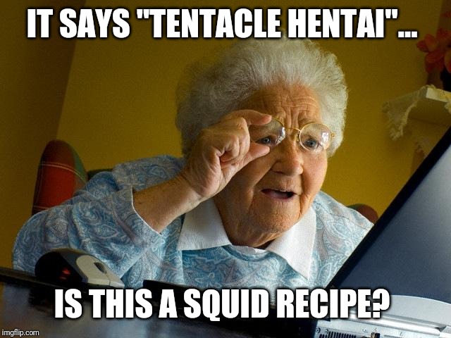 Don't click that link, Nana! | IT SAYS "TENTACLE HENTAI"... IS THIS A SQUID RECIPE? | image tagged in memes,grandma finds the internet,bad search | made w/ Imgflip meme maker