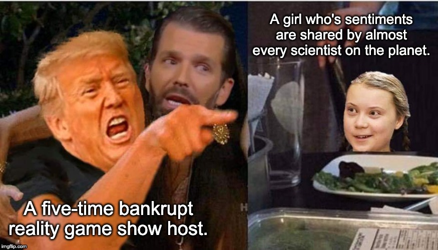 Person of the Year | A girl who's sentiments are shared by almost every scientist on the planet. A five-time bankrupt reality game show host. | image tagged in donald trump,greta thunberg,climate change,woman yelling at cat | made w/ Imgflip meme maker