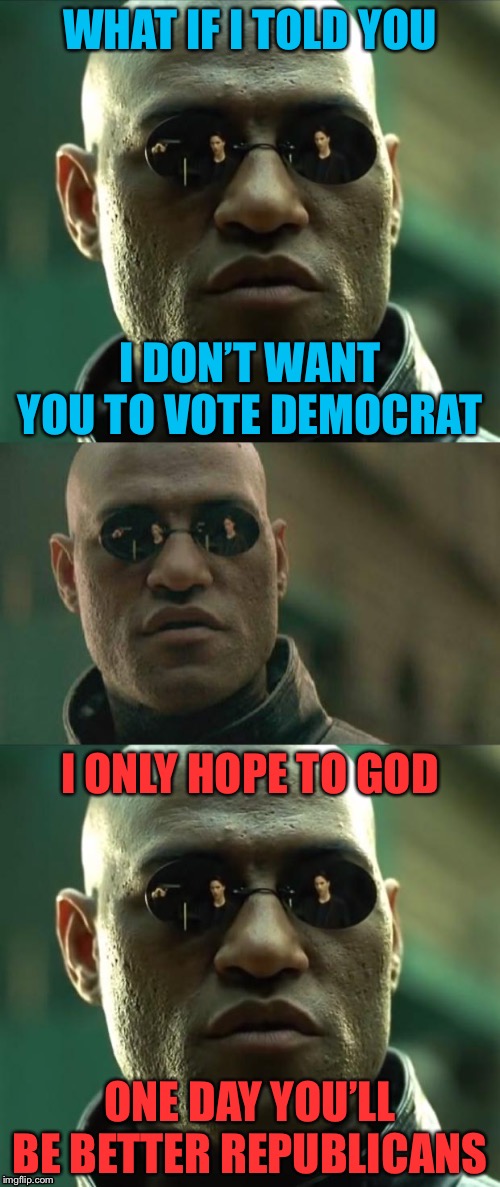 Republicans, you are our only hope for America. But not in the way you think. | WHAT IF I TOLD YOU; I DON’T WANT YOU TO VOTE DEMOCRAT; I ONLY HOPE TO GOD; ONE DAY YOU’LL BE BETTER REPUBLICANS | image tagged in morpheus 3-panel,republicans,republican,democrats,democrat,america | made w/ Imgflip meme maker