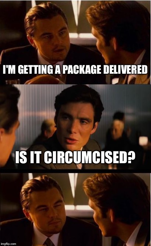 Inception Meme | I'M GETTING A PACKAGE DELIVERED; IS IT CIRCUMCISED? | image tagged in memes,inception | made w/ Imgflip meme maker
