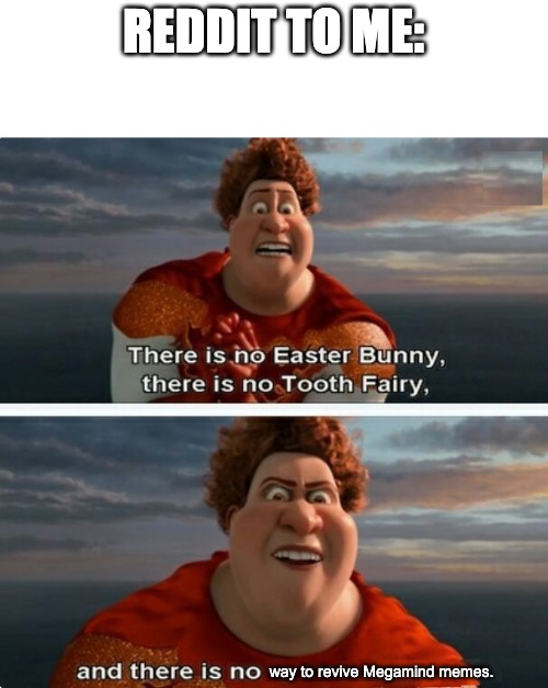 TIGHTEN MEGAMIND "THERE IS NO EASTER BUNNY" | REDDIT TO ME:; way to revive Megamind memes. | image tagged in tighten megamind there is no easter bunny | made w/ Imgflip meme maker