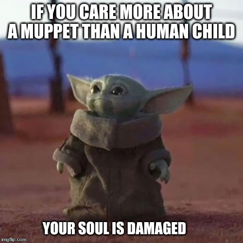Reality check | IF YOU CARE MORE ABOUT A MUPPET THAN A HUMAN CHILD; YOUR SOUL IS DAMAGED | image tagged in baby yoda,reality check,humans are important,it is just a doll,help humans and save your soul,your soul is damaged | made w/ Imgflip meme maker