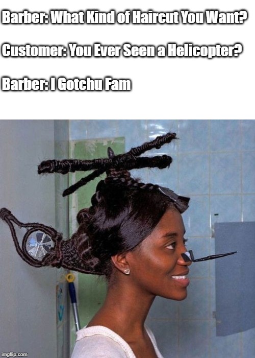 Barber: What Kind of Haircut You Want?
 
Customer: You Ever Seen a Helicopter?
 
Barber: I Gotchu Fam | image tagged in attack helicopter,helicopter | made w/ Imgflip meme maker
