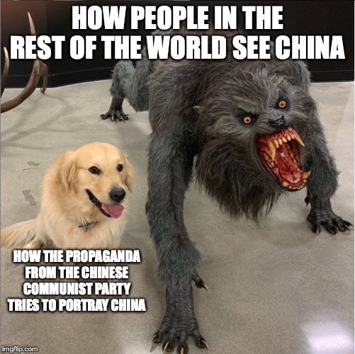 dog vs werewolf | HOW PEOPLE IN THE REST OF THE WORLD SEE CHINA; HOW THE PROPAGANDA FROM THE CHINESE COMMUNIST PARTY TRIES TO PORTRAY CHINA | image tagged in dog vs werewolf | made w/ Imgflip meme maker