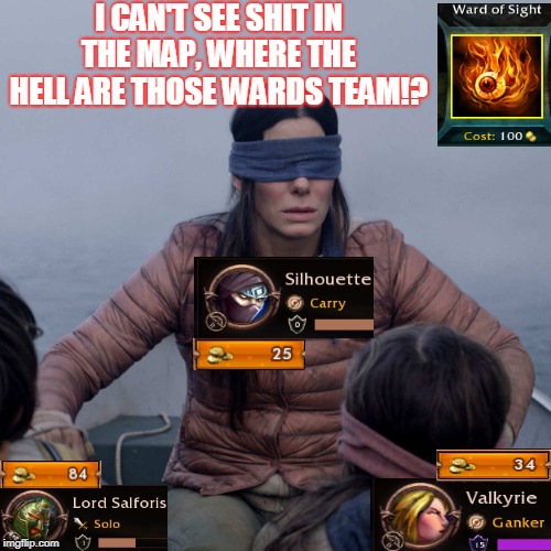 Bird Box | I CAN'T SEE SHIT IN THE MAP, WHERE THE HELL ARE THOSE WARDS TEAM!? | image tagged in memes,bird box | made w/ Imgflip meme maker