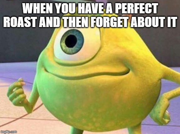 Mike Wazowsky | WHEN YOU HAVE A PERFECT ROAST AND THEN FORGET ABOUT IT | image tagged in mike wazowsky | made w/ Imgflip meme maker
