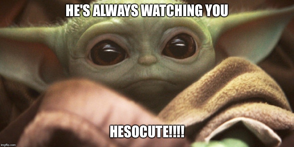HE'S ALWAYS WATCHING YOU; HESOCUTE!!!! | image tagged in baby yoda | made w/ Imgflip meme maker