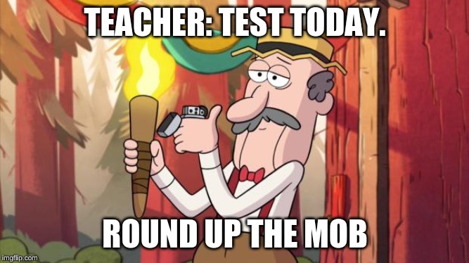 Gravity Falls Round Up The Mob | TEACHER: TEST TODAY. ROUND UP THE MOB | image tagged in gravity falls round up the mob | made w/ Imgflip meme maker